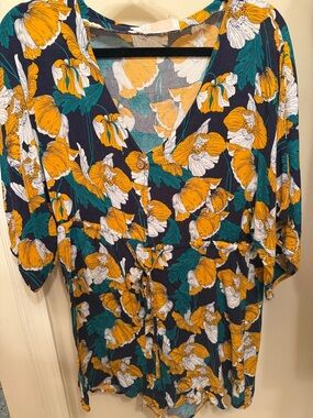 C+D+M Navy Floral Button-Front Tunic with Mustard & Teal Blooms
